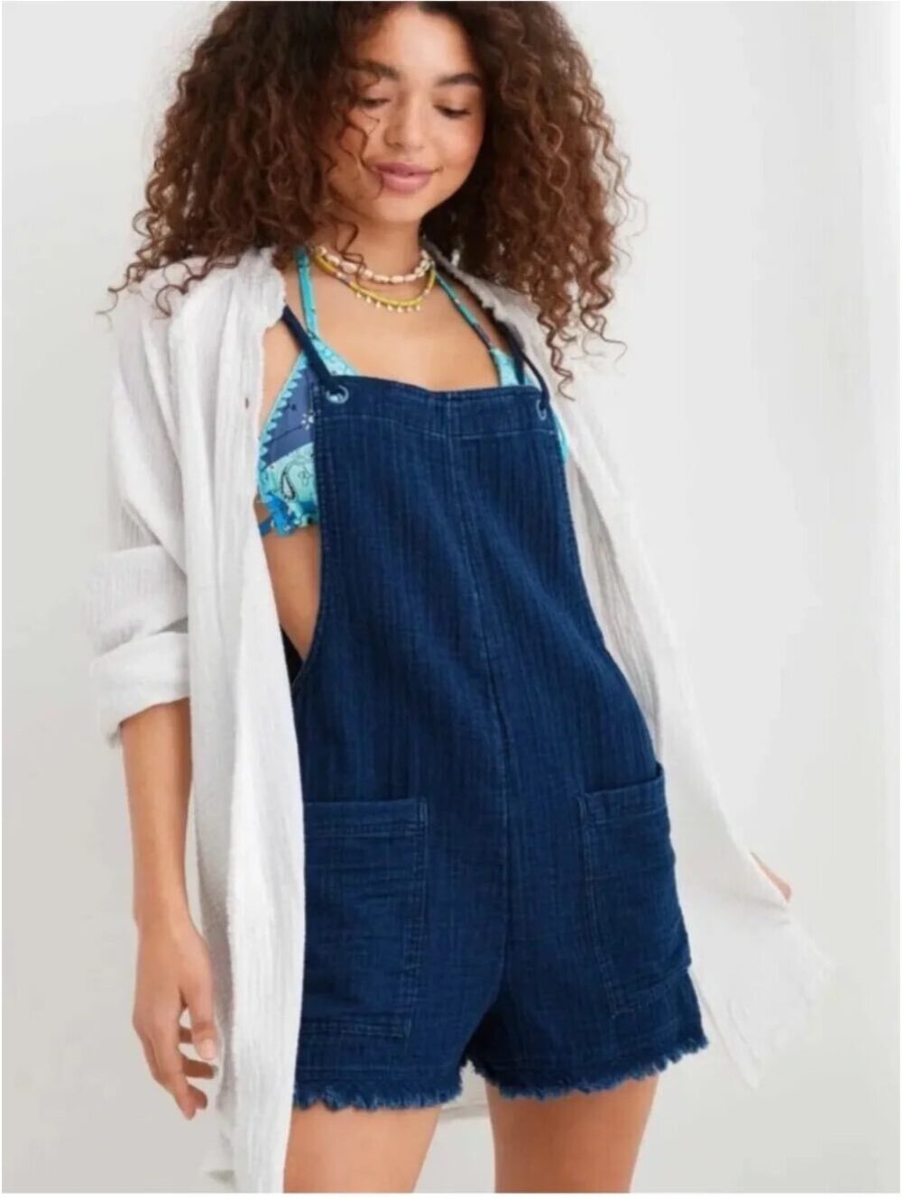 Aerie Pool to Party Relaxed Woven Gauze Sleeveless Relaxed Romper Blue Boho